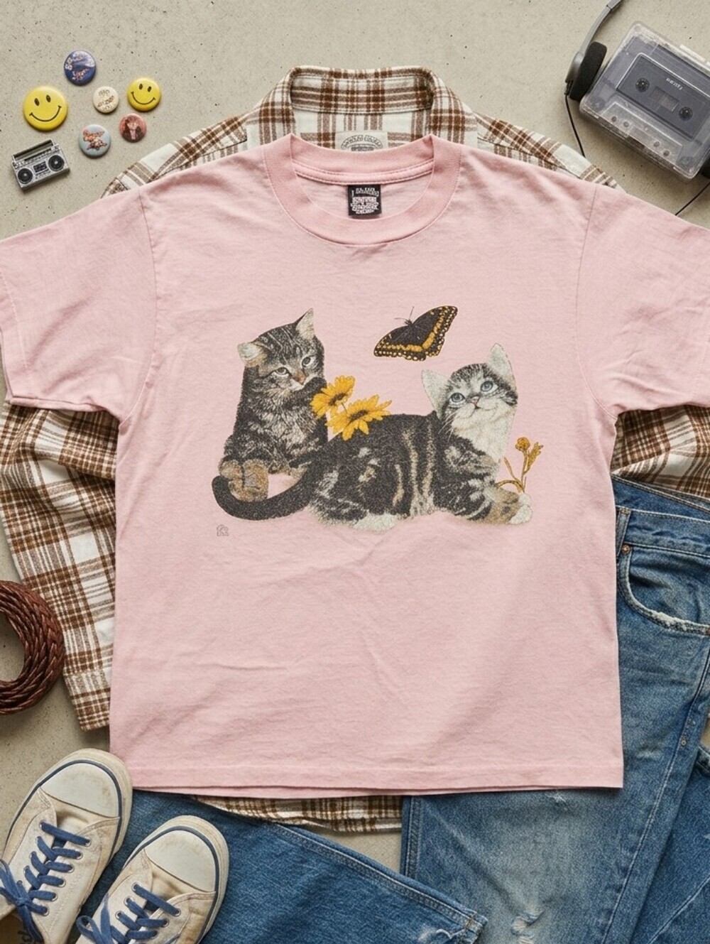 Vintage 90s 1992 Kittens Flowers Butterfly Pink Cotton Blend Tee Shirt